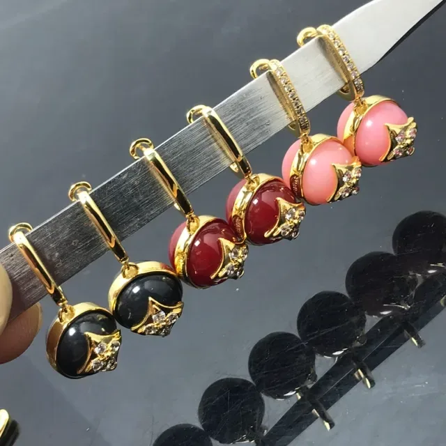 Black Gold Lever-Back Cabochon Earrings 6