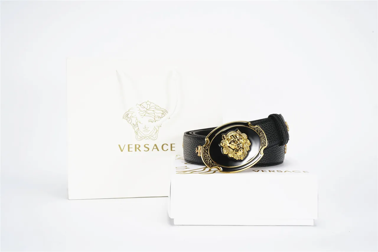 Black Gold Textured Pebbled Ornate Lion-Head Buckle Leather Belt 4