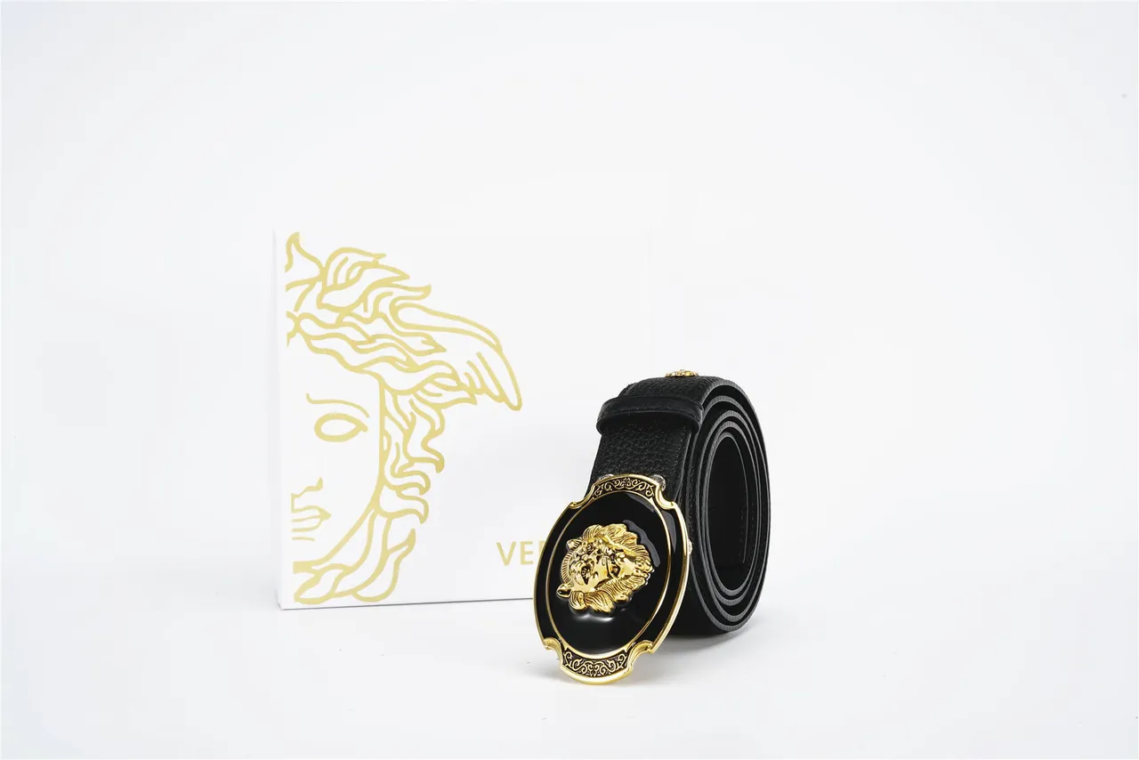 Black Gold Textured Pebbled Ornate Lion-Head Buckle Leather Belt 5