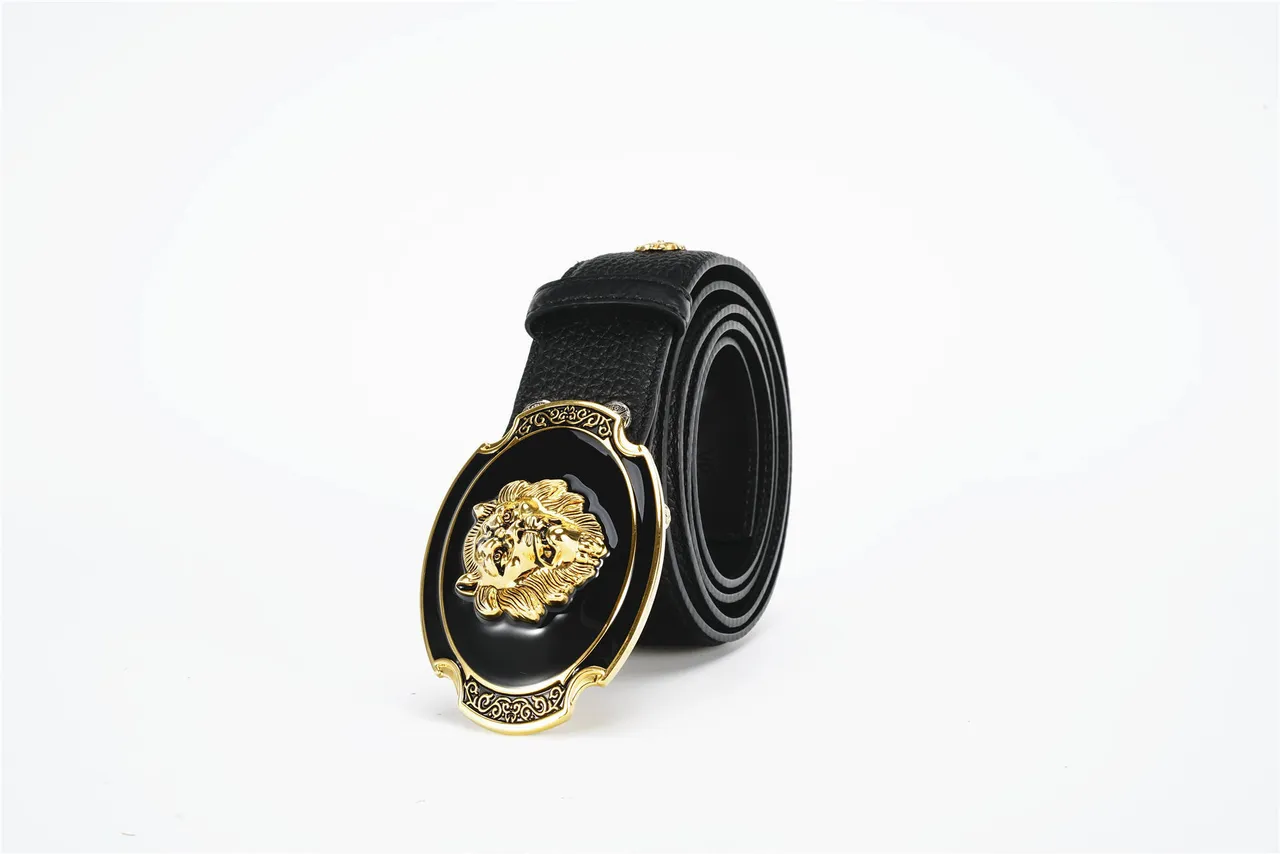 Black Gold Textured Pebbled Ornate Lion-Head Buckle Leather Belt 6