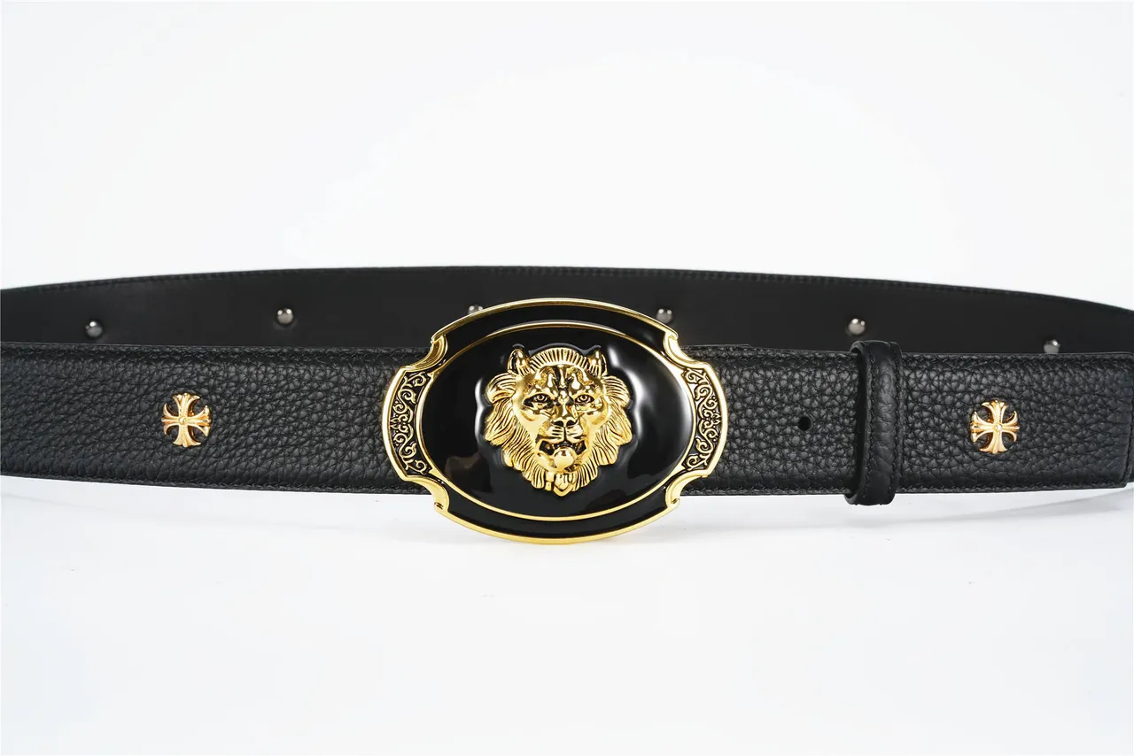 Black Gold Textured Pebbled Ornate Lion-Head Buckle Leather Belt 8