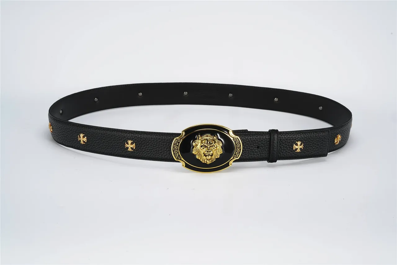 Black Gold Textured Pebbled Ornate Lion-Head Buckle Leather Belt 9