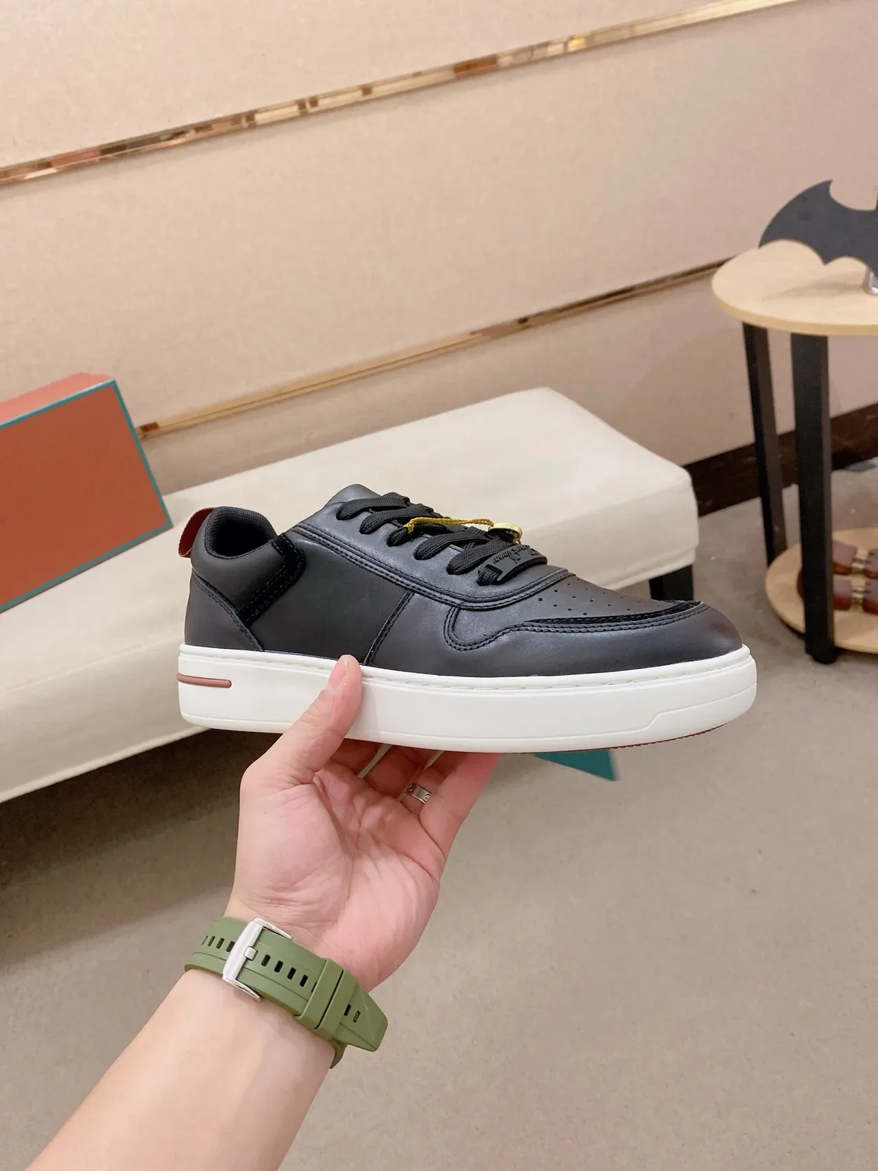 Black Leather Low-Top Cupsole Sneaker 5