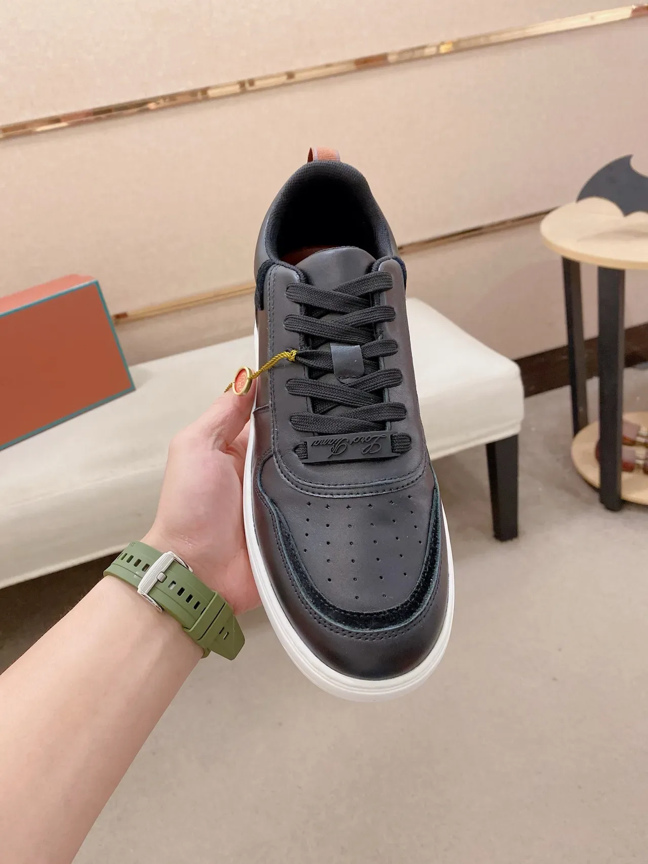 Black Leather Low-Top Cupsole Sneaker 6