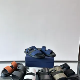 Black Navy Double-Strap Slide Suede And Leather Upper Sandals