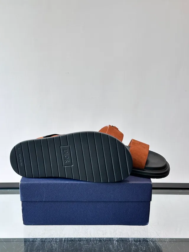 Black Navy Double-Strap Slide Suede And Leather Upper Sandals 4