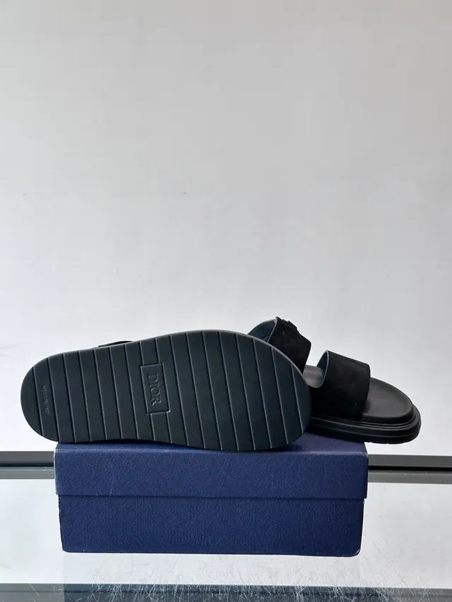Black Navy Double-Strap Slide Suede And Leather Upper Sandals 5