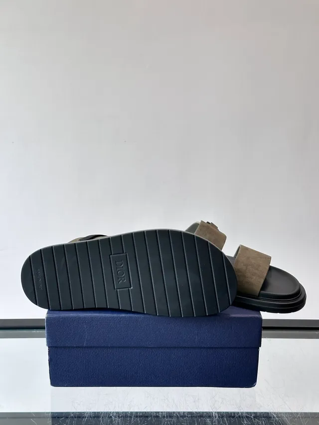 Black Navy Double-Strap Slide Suede And Leather Upper Sandals 6