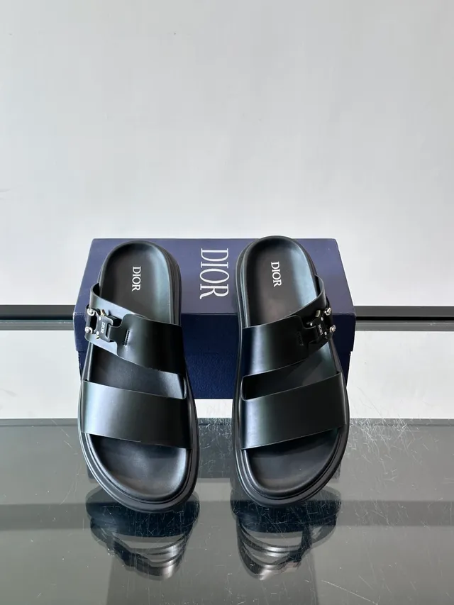 Black Navy Double-Strap Slide Suede And Leather Upper Sandals 10