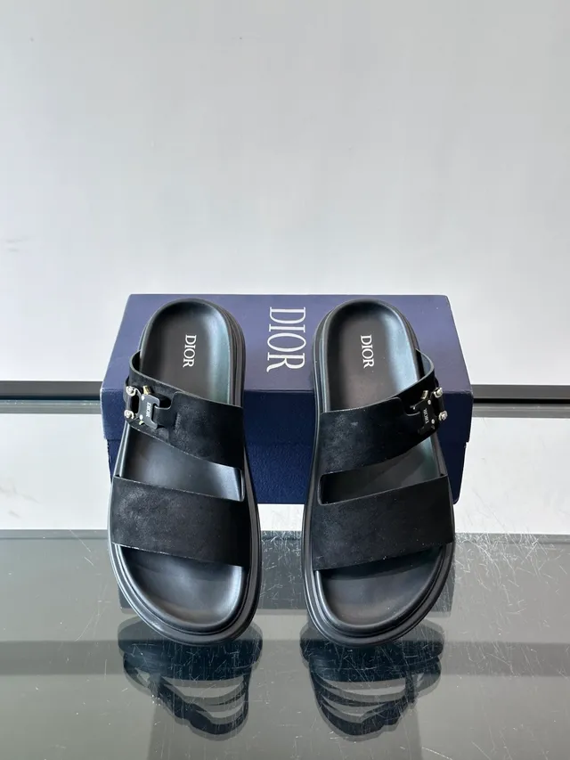 Black Navy Double-Strap Slide Suede And Leather Upper Sandals 12