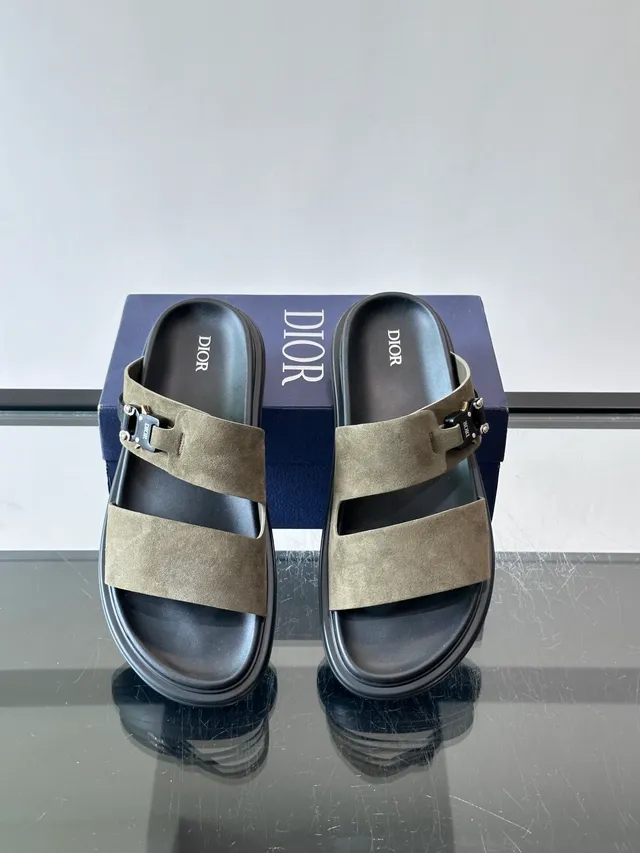 Black Navy Double-Strap Slide Suede And Leather Upper Sandals 13