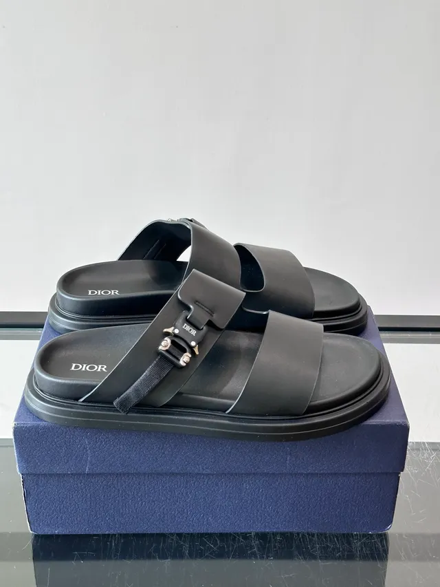 Black Navy Double-Strap Slide Suede And Leather Upper Sandals 16