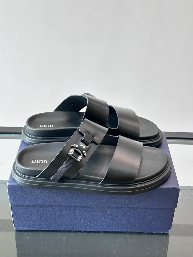 Black Navy Double-Strap Slide Suede And Leather Upper Sandals 17