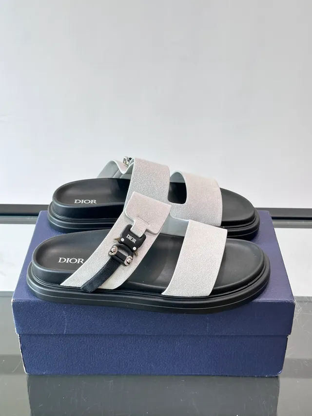 Black Navy Double-Strap Slide Suede And Leather Upper Sandals 21