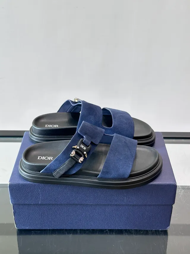 Black Navy Double-Strap Slide Suede And Leather Upper Sandals 22
