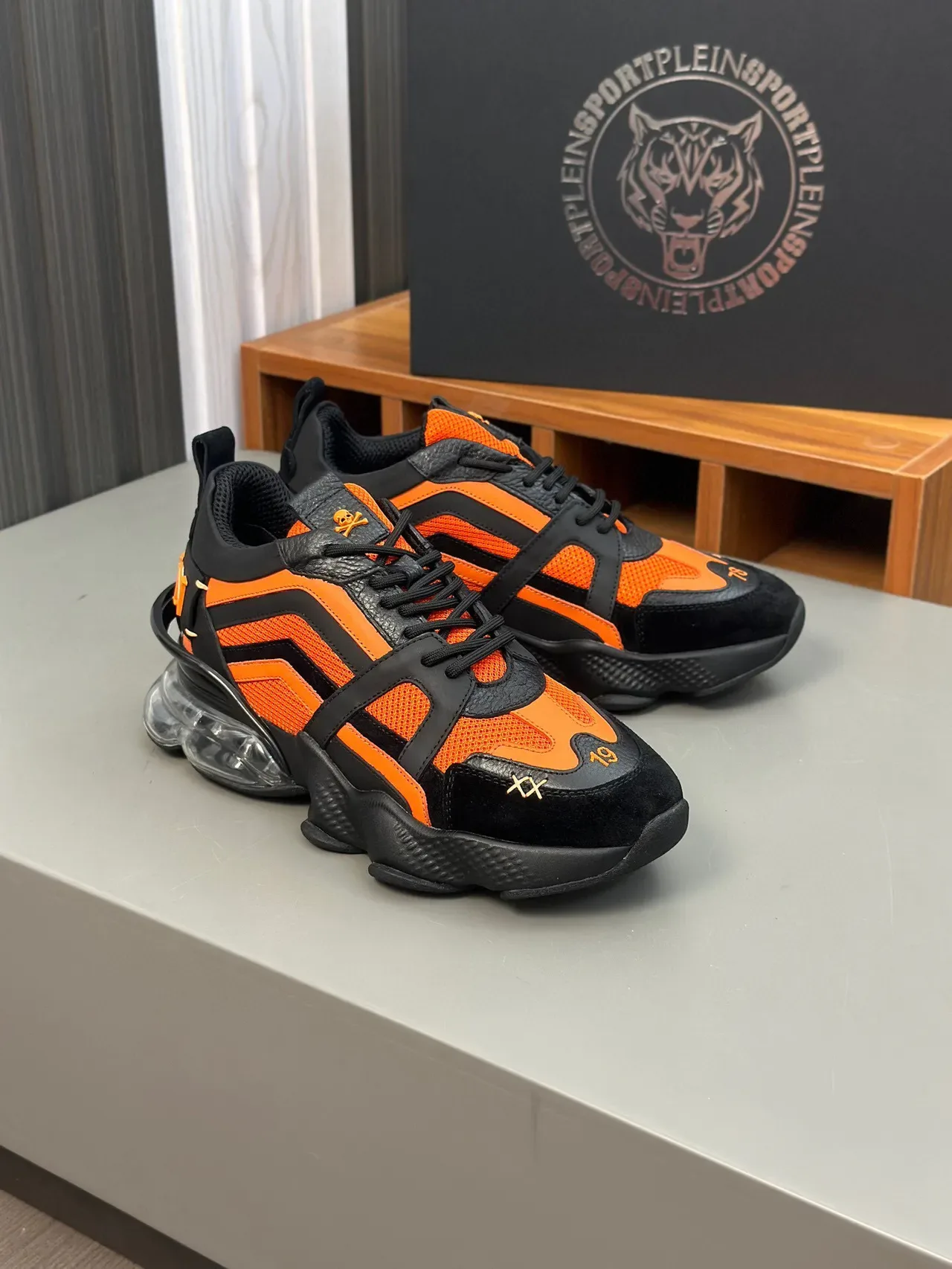 Black Orange Sole Mesh And Suede Overlay Chunky Sneakers 6