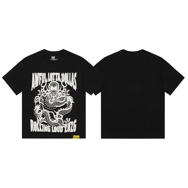 Black Oversized Graphic Dragon Print Crewneck T-Shirt 2