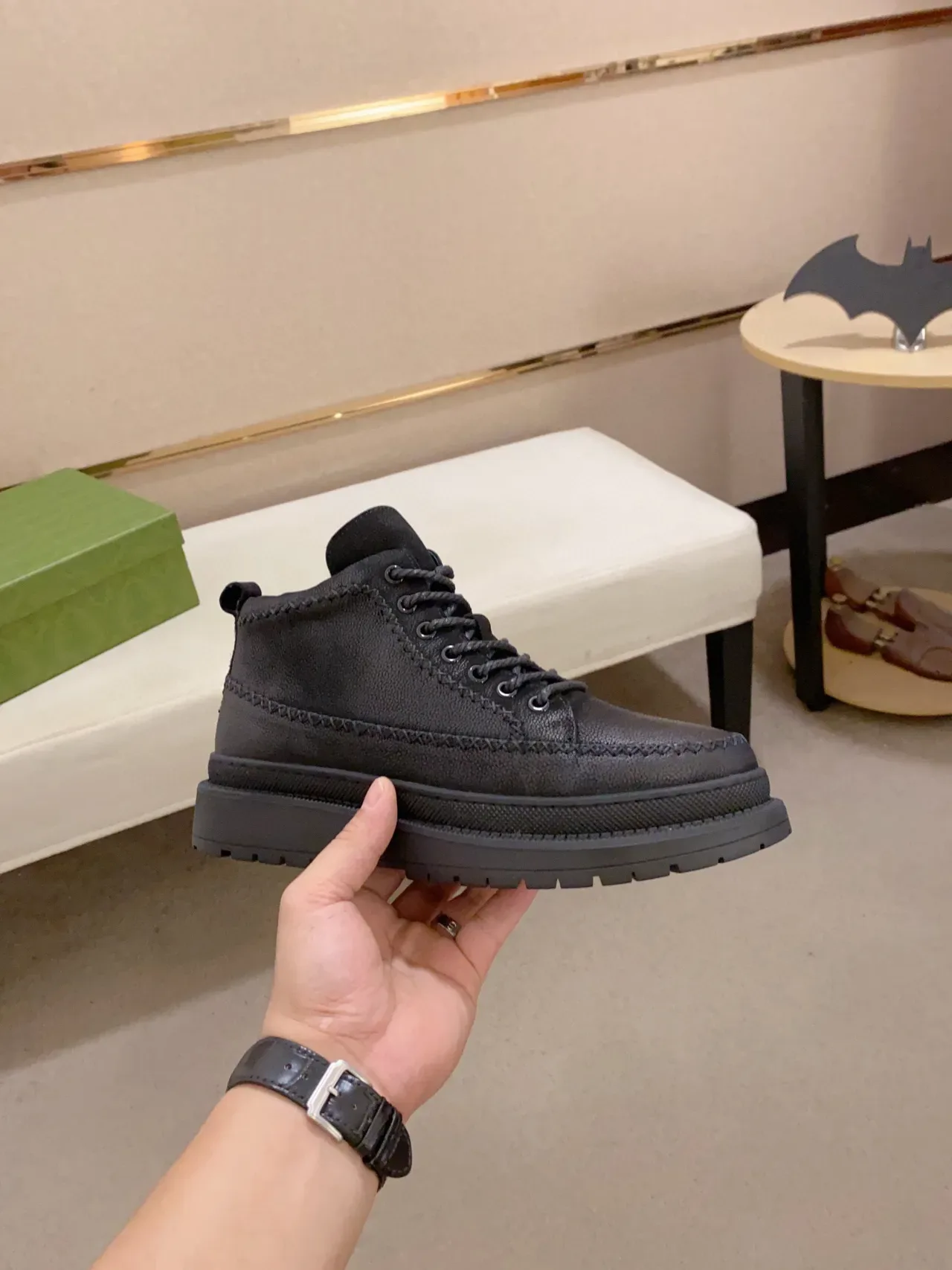 Black Pebbled Leather Upper Contrast Topstitching Boots 2