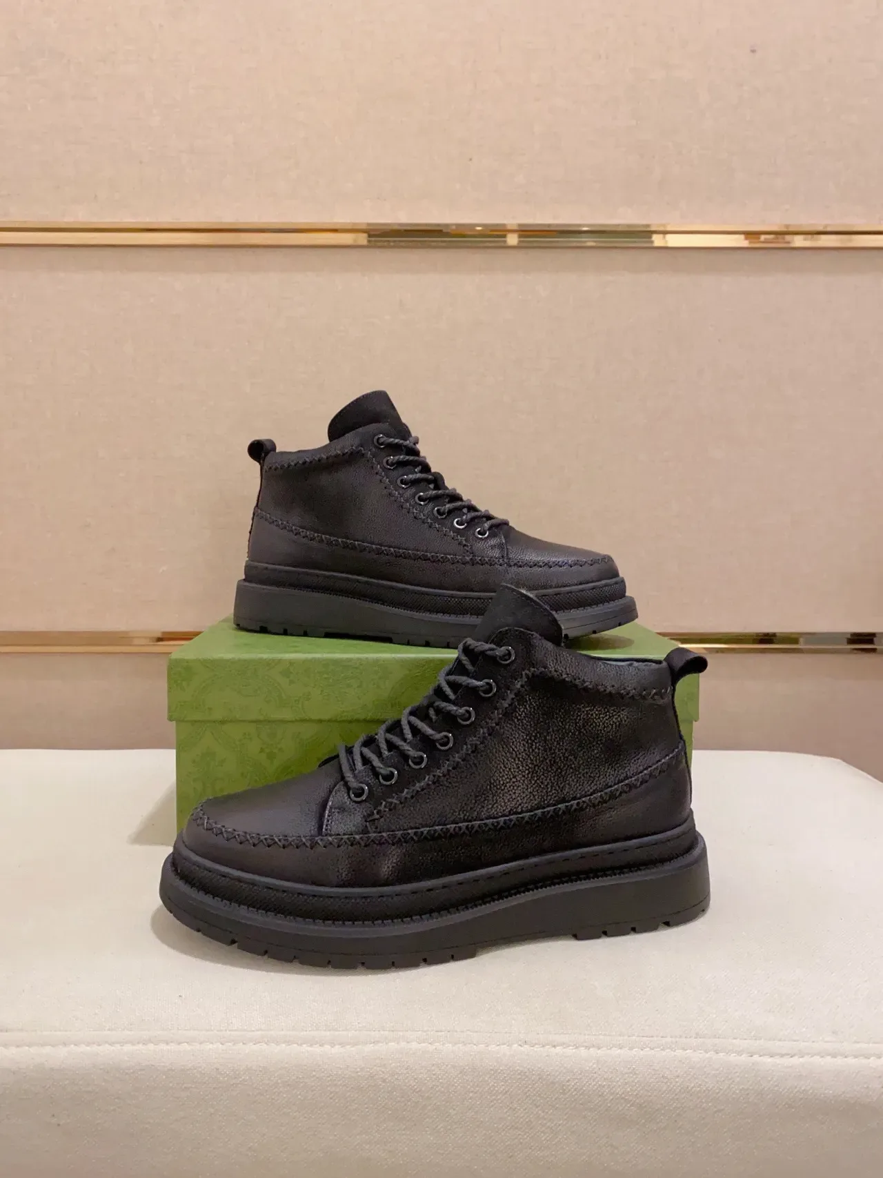 Black Pebbled Leather Upper Contrast Topstitching Boots 5