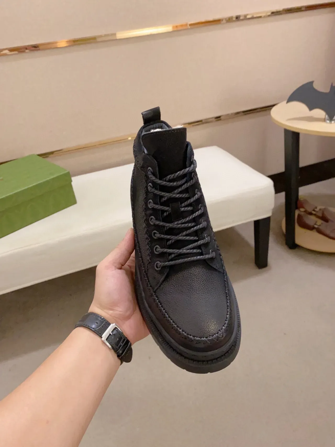 Black Pebbled Leather Upper Contrast Topstitching Boots 8