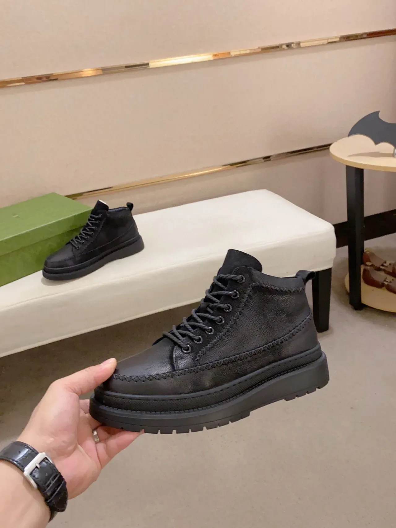 Black Pebbled Leather Upper Contrast Topstitching Boots 9