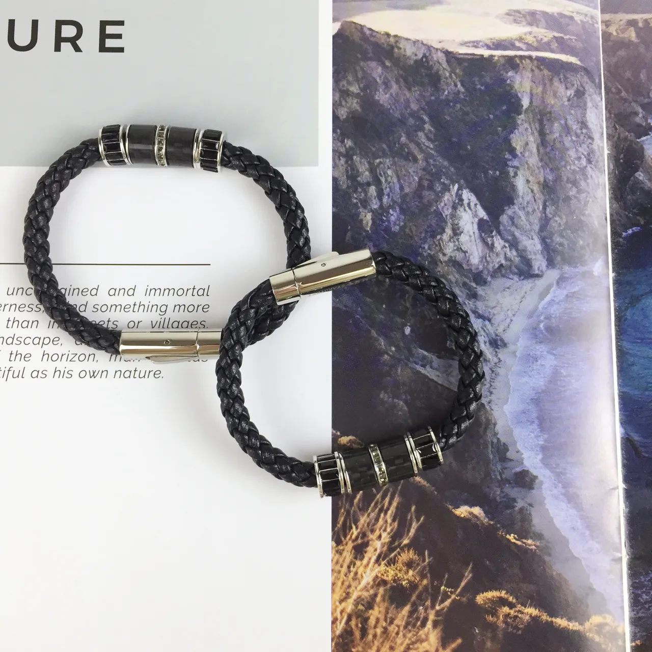 Black Silver Braided Leather Cord Cylindrical Bead Centerpiece Bracelet 3