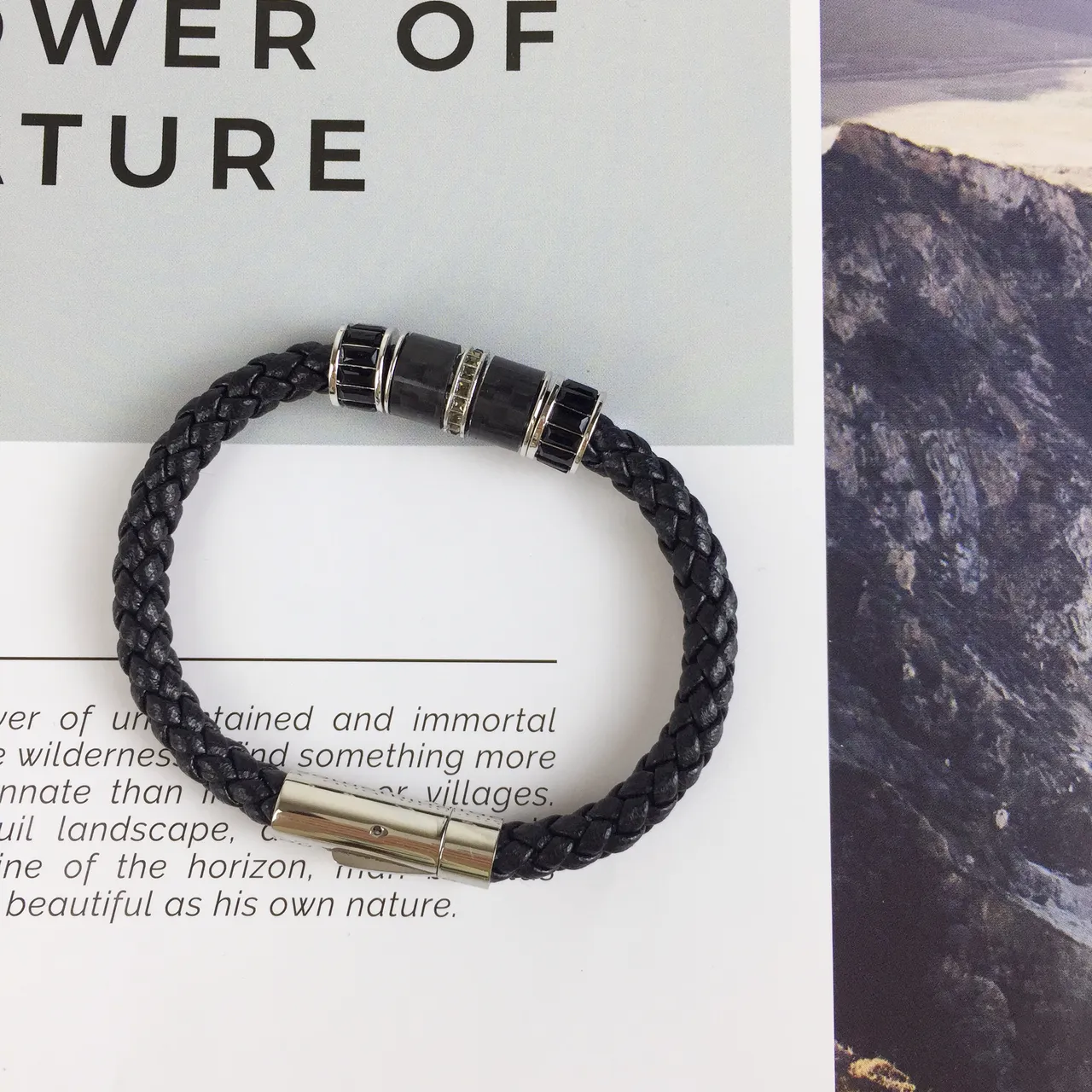 Black Silver Braided Leather Cord Cylindrical Bead Centerpiece Bracelet 4