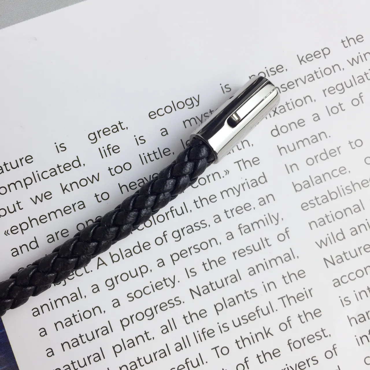 Black Silver Braided Leather Cord Cylindrical Bead Centerpiece Bracelet 5