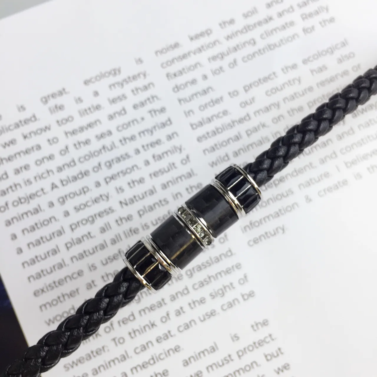 Black Silver Braided Leather Cord Cylindrical Bead Centerpiece Bracelet 6
