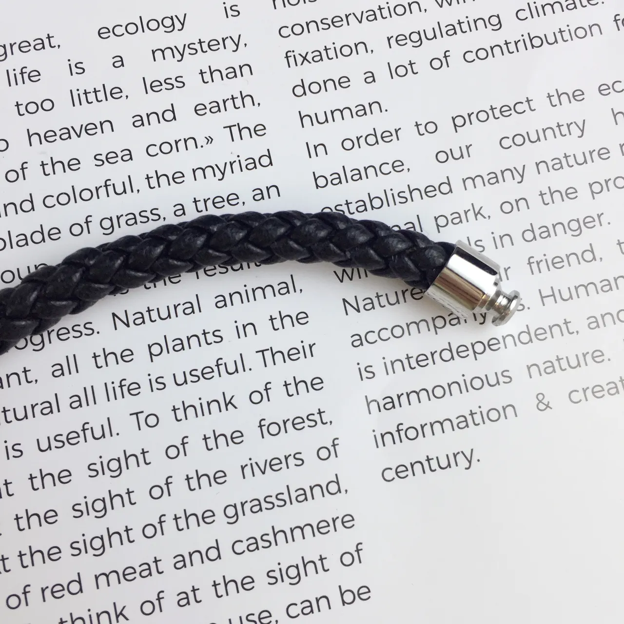 Black Silver Braided Leather Cord Cylindrical Bead Centerpiece Bracelet 7