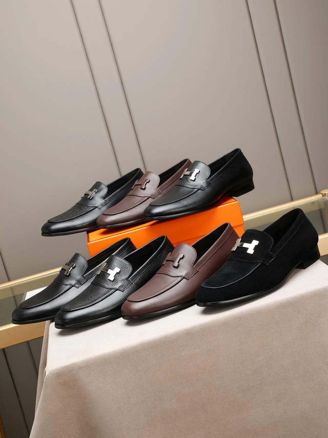 Black Silver Leather Metal H-Bar Ornament Loafer 2