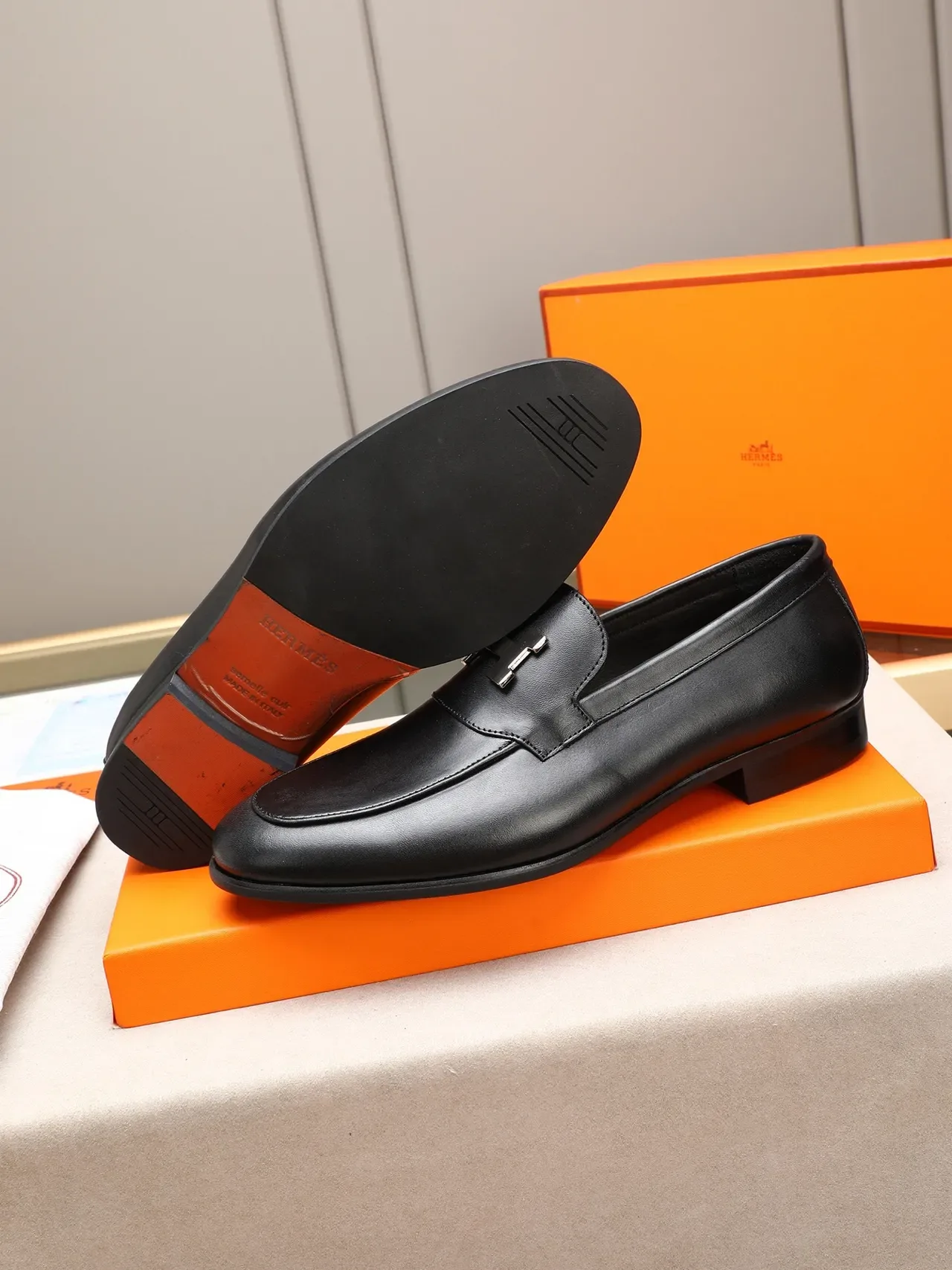 Black Silver Leather Metal H-Bar Ornament Loafer 4
