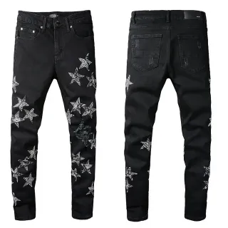 Black White Distressed Denim Star Embroidery Jeans