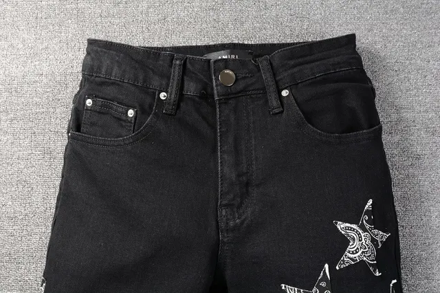 Black White Distressed Denim Star Embroidery Jeans 15