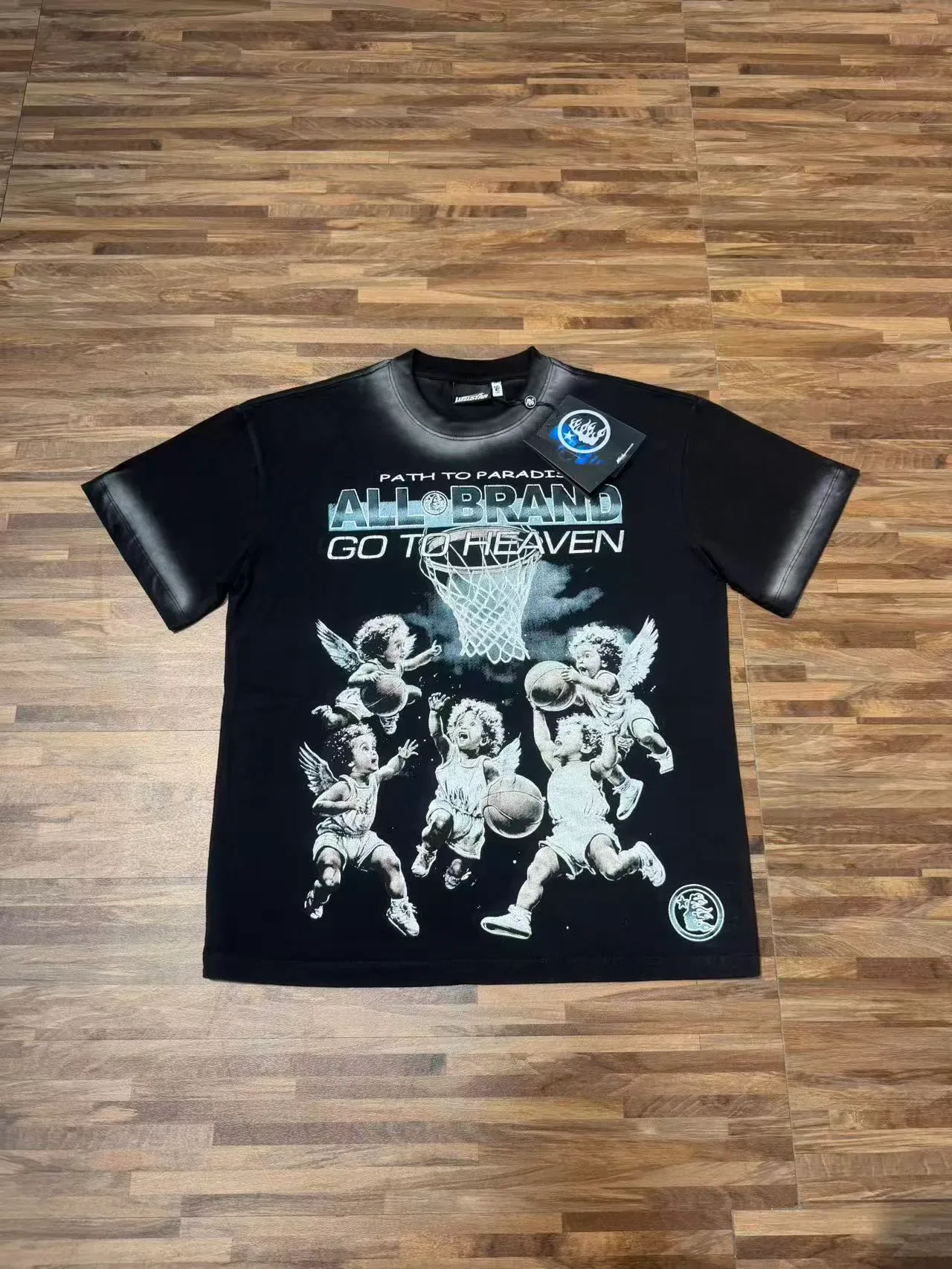 Black White Graphic-Print Leather-Trimmed Sleeves T-Shirt 2