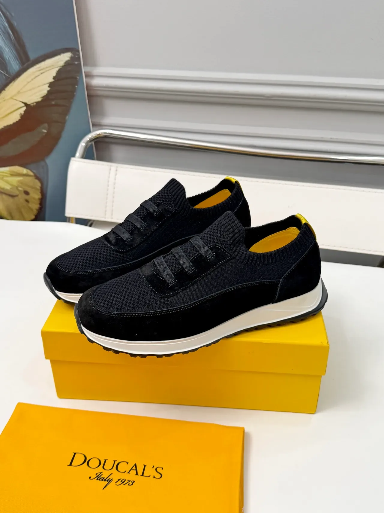 Black White Knit Upper Velvet Panel Sneakers 5