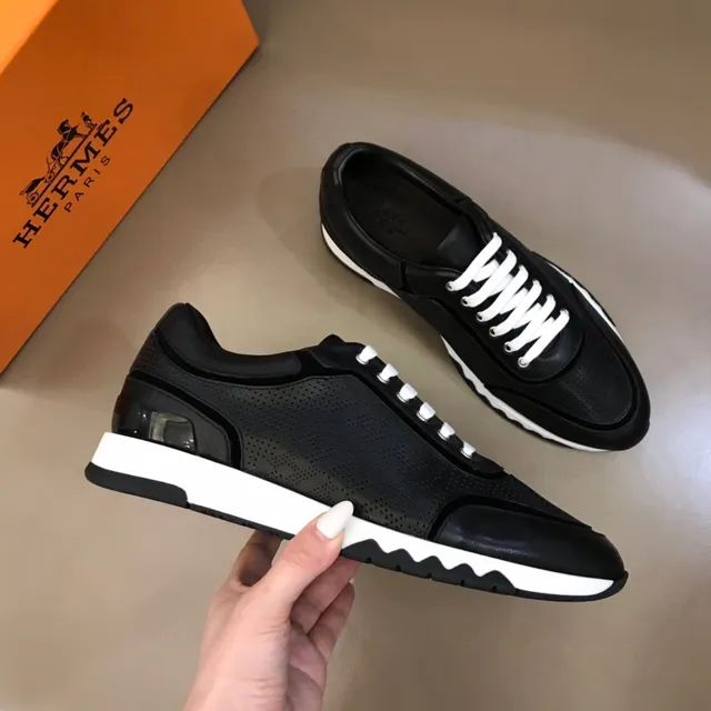 Black White Perforated Leather Upper Flat Laces Sneakers 6