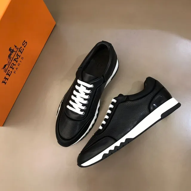 Black White Perforated Leather Upper Flat Laces Sneakers 8