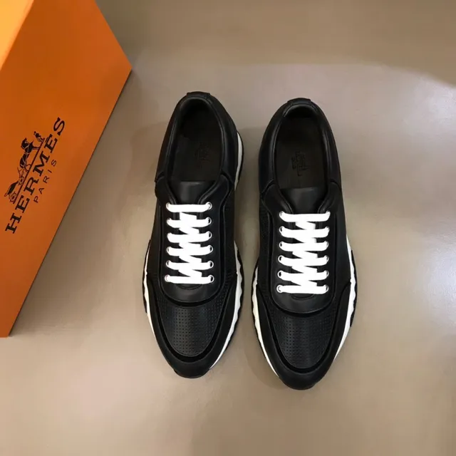 Black White Perforated Leather Upper Flat Laces Sneakers 9