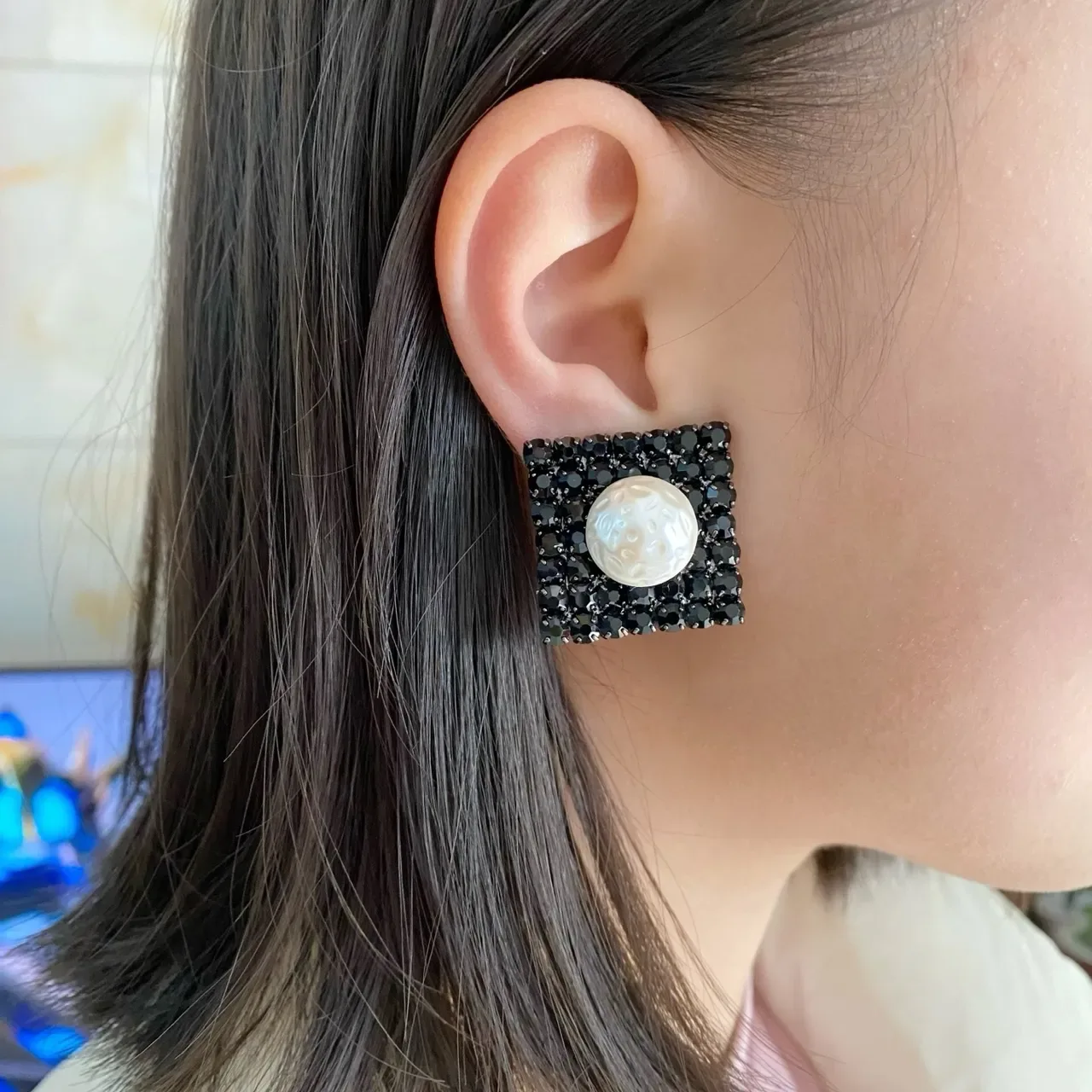 Black White Square Crystal Pavé Base Baroque Pearl Center Earrings 2