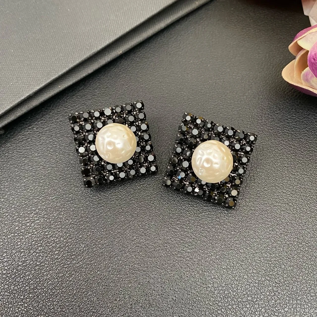 Black White Square Crystal Pavé Base Baroque Pearl Center Earrings 5