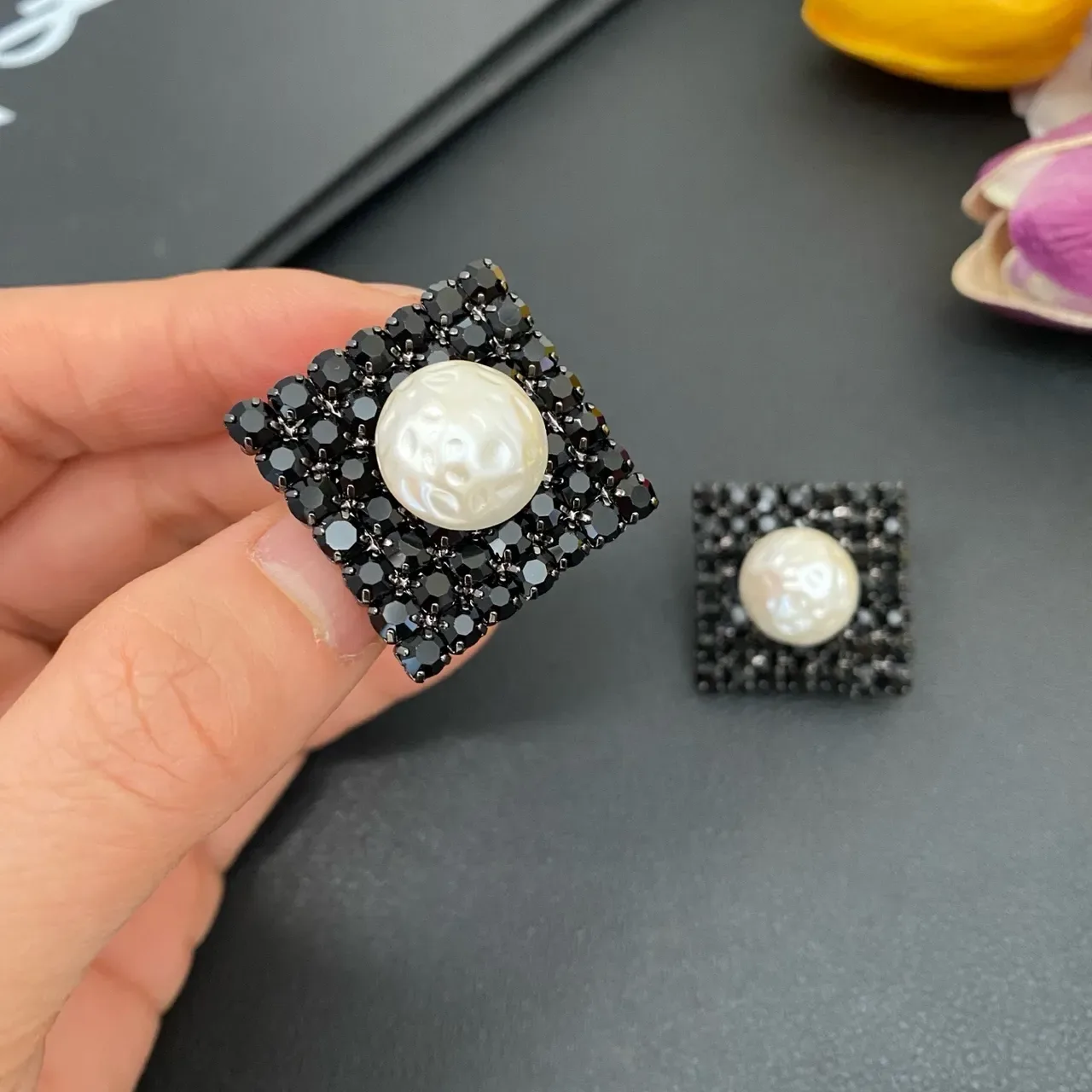 Black White Square Crystal Pavé Base Baroque Pearl Center Earrings 6