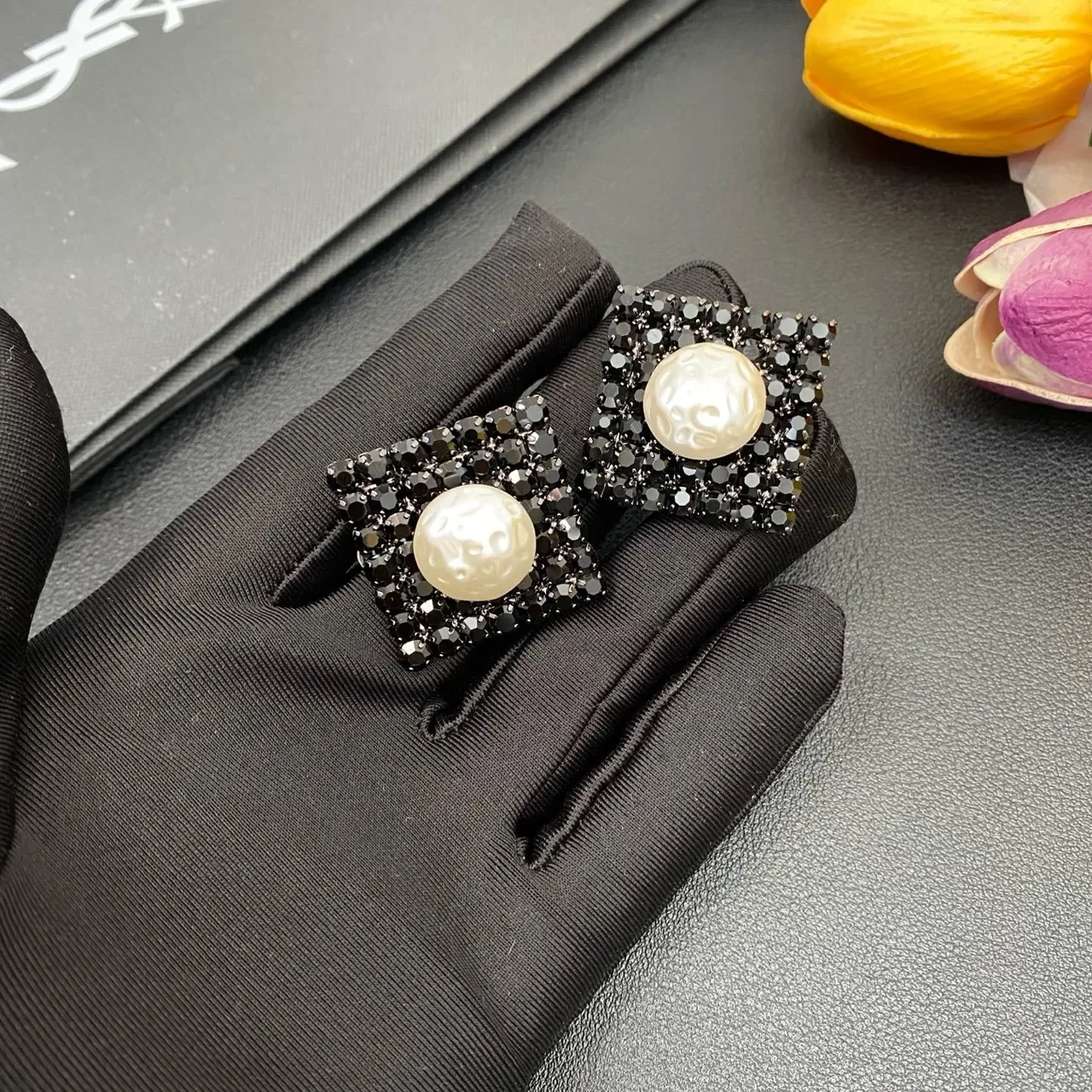 Black White Square Crystal Pavé Base Baroque Pearl Center Earrings 8