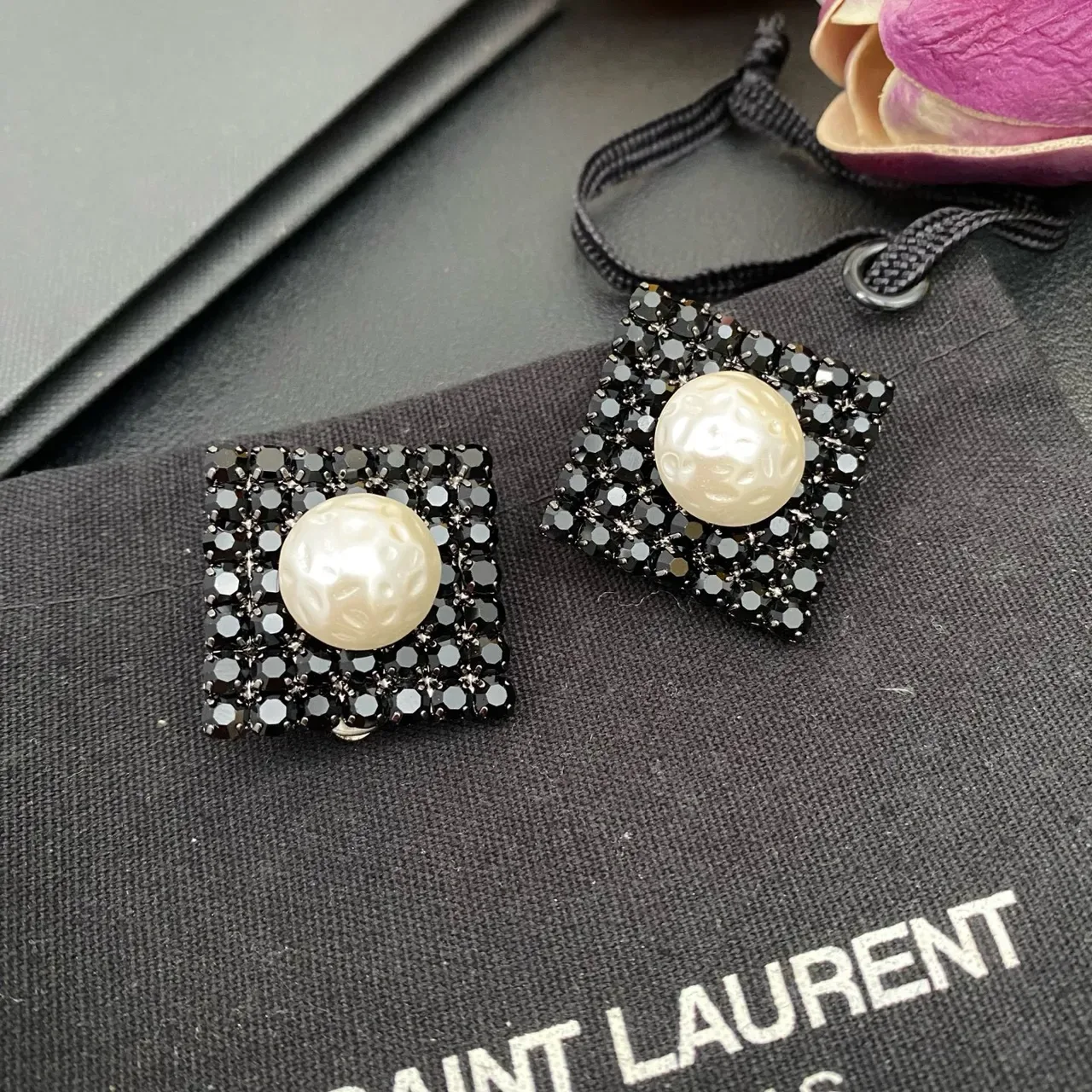 Black White Square Crystal Pavé Base Baroque Pearl Center Earrings 9