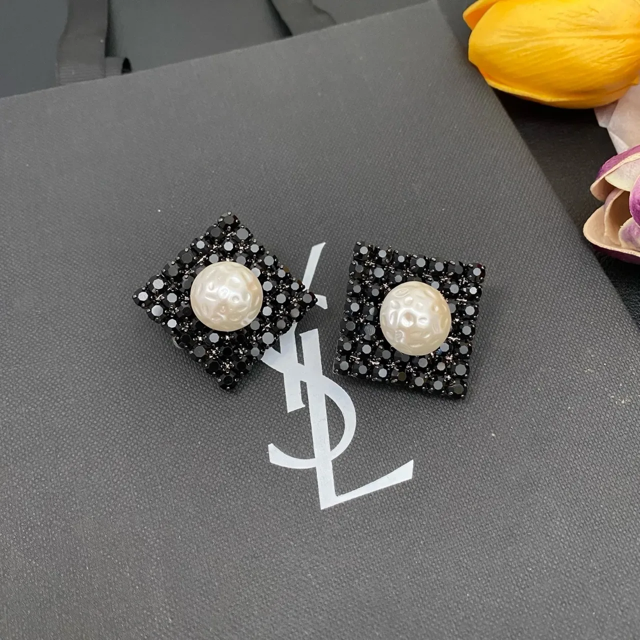 Black White Square Crystal Pavé Base Baroque Pearl Center Earrings 10