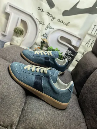 Blue Beige Denim Canvas Upper Gum Rubber Sole Lifestyle Sneakers 7