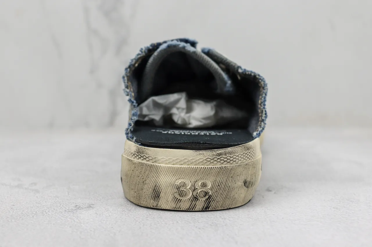 Blue Beige Denim Upper Slip-On Mule Casual Shoes 9