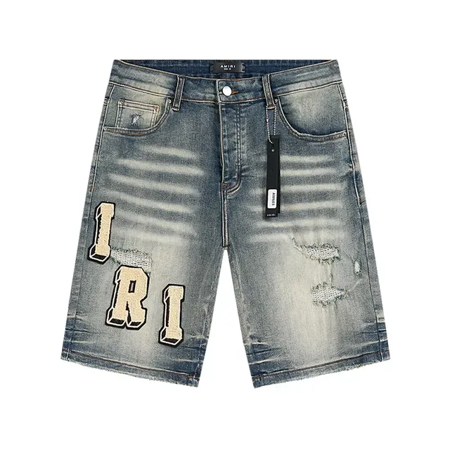 Blue Beige Distressed Medium-Wash Denim Large Appliqué Lettering Shorts 2