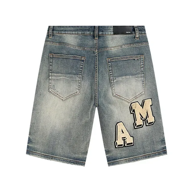 Blue Beige Distressed Medium-Wash Denim Large Appliqué Lettering Shorts 3