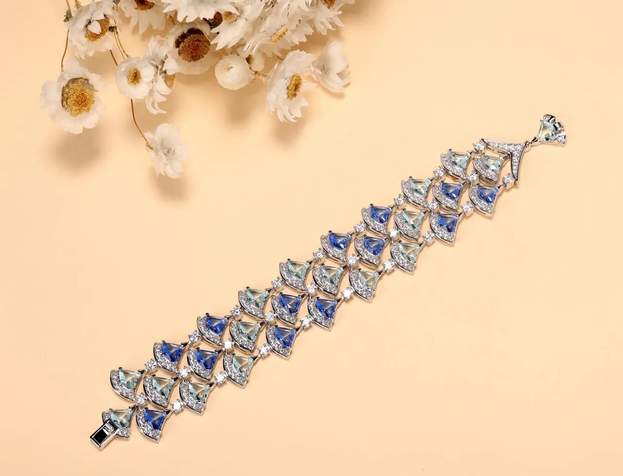 Blue Beige Multi-Row Geometric Pavé-Set Bracelet 2